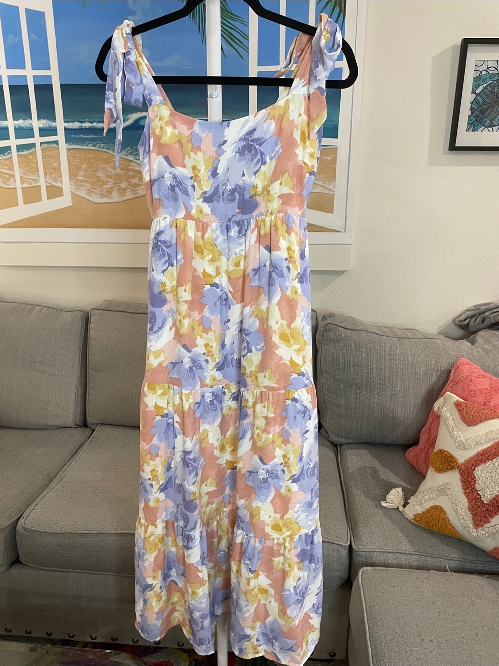 Hem & Thread Pastel Floral Tie-Shoulder Tiered Maxi Dress - Picture 4 of 8